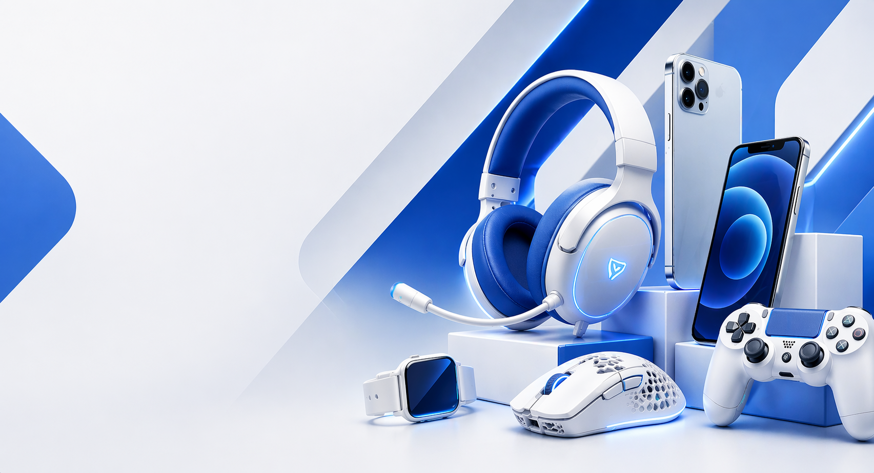 Banner com celulares, headset gamer, smartwatch, mouse e controle