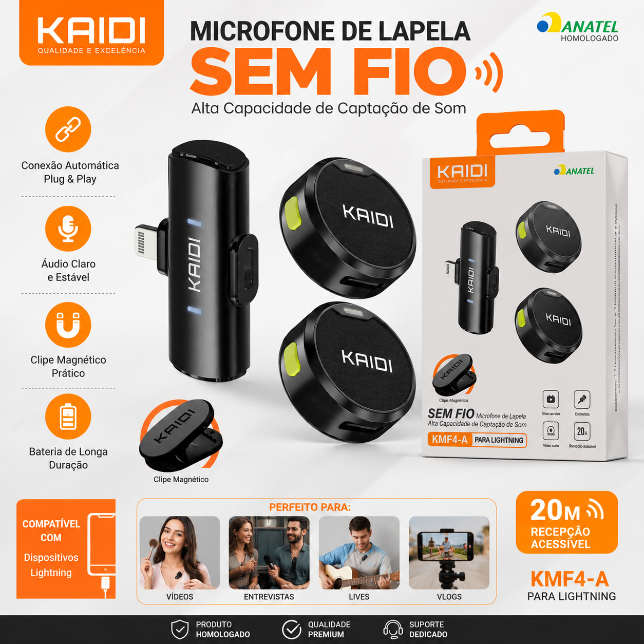 Microfone de Lapela Sem Fio Kaidi KMF4-A Lightning Para iPhone iOS